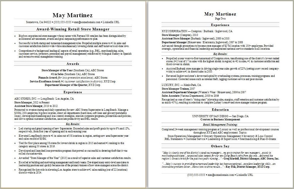 Store General Manager Job Resume Sample