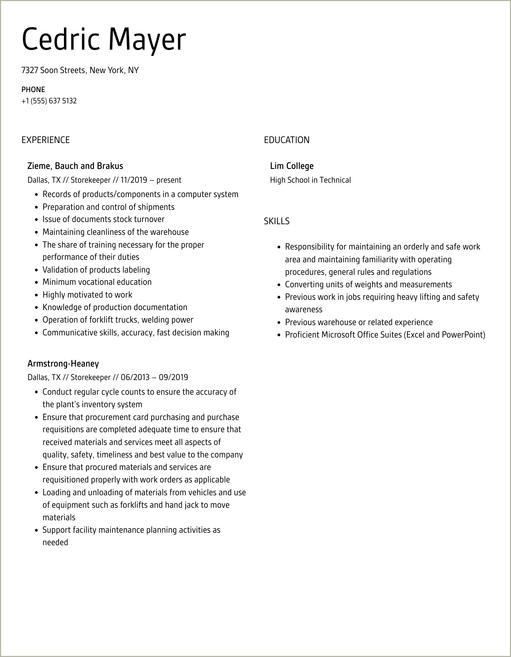 Store Keeper Resume Format In Word