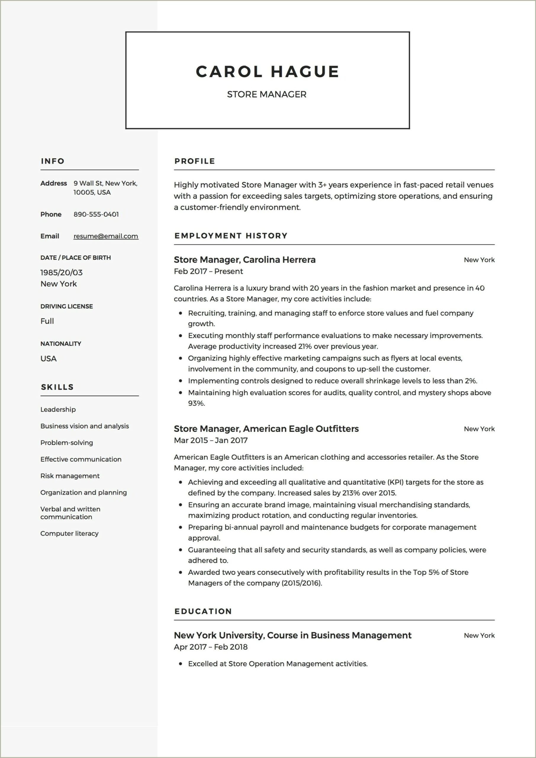 Store Keeper Resume In Word Format Download