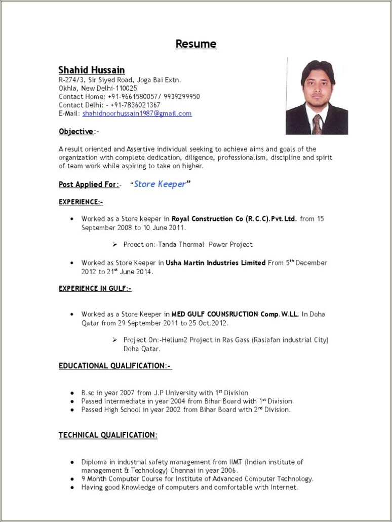 Store Keeper Resume In Word Format