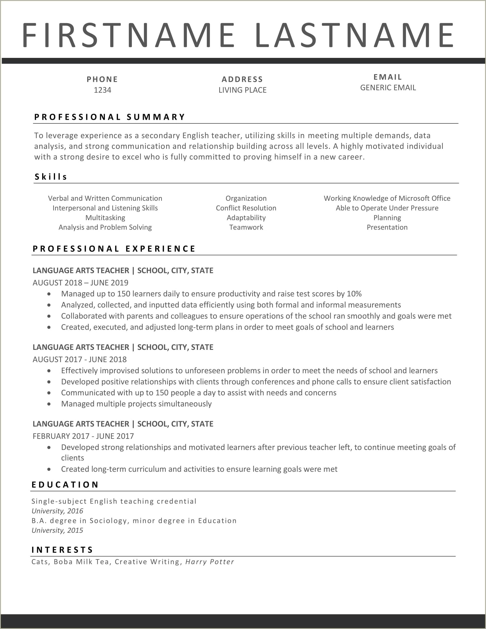 Strong Words For A Teacher Resume