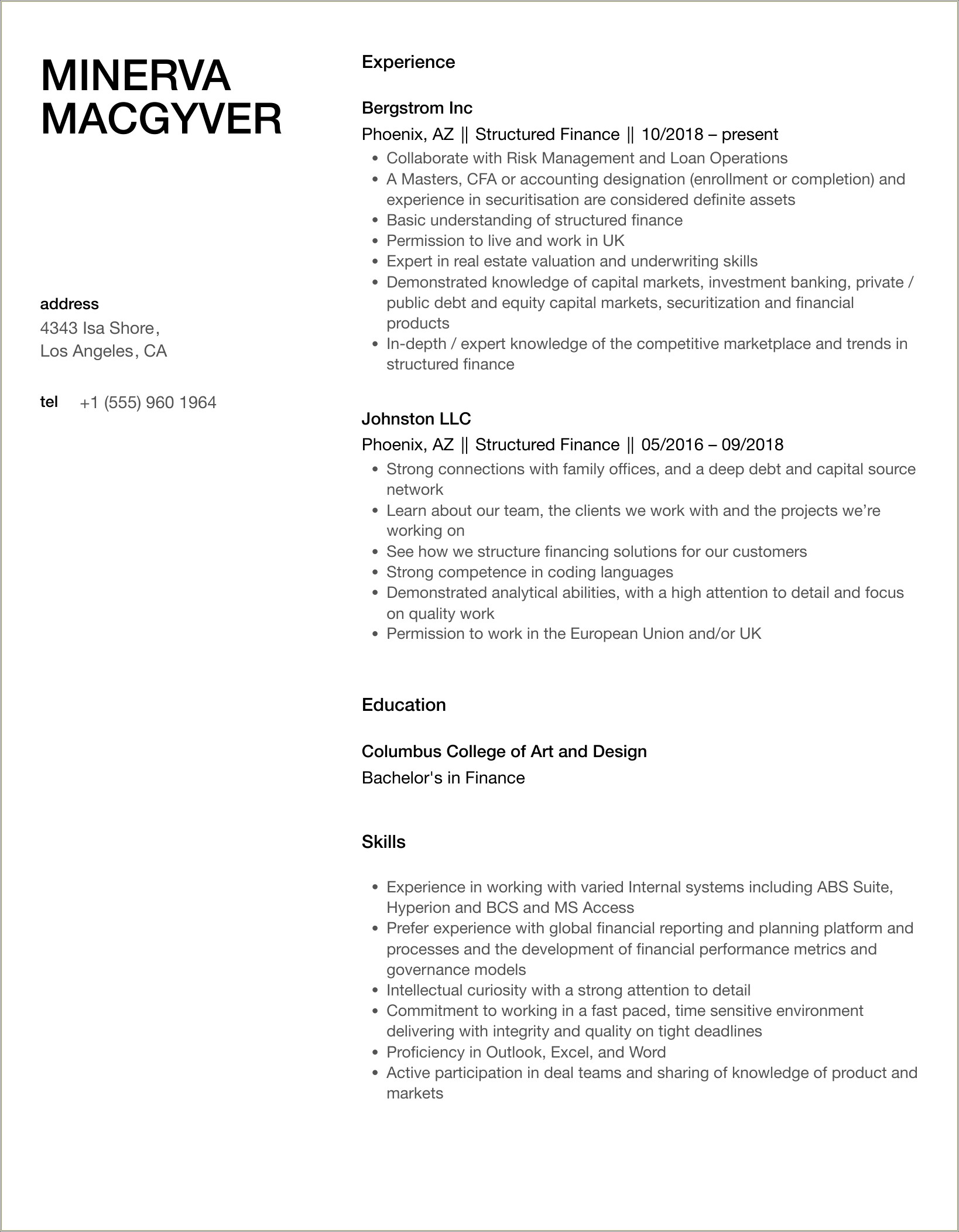 Structured Finance Investment Banking Resume Example