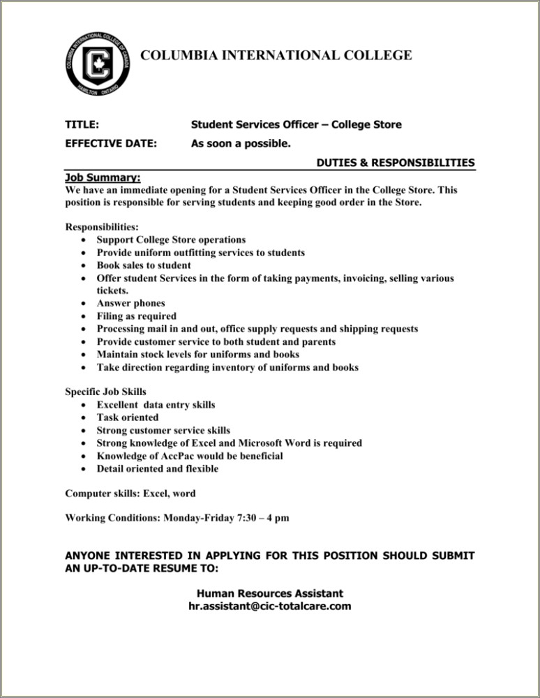 Student Assistant Human Resources Office Description Resume