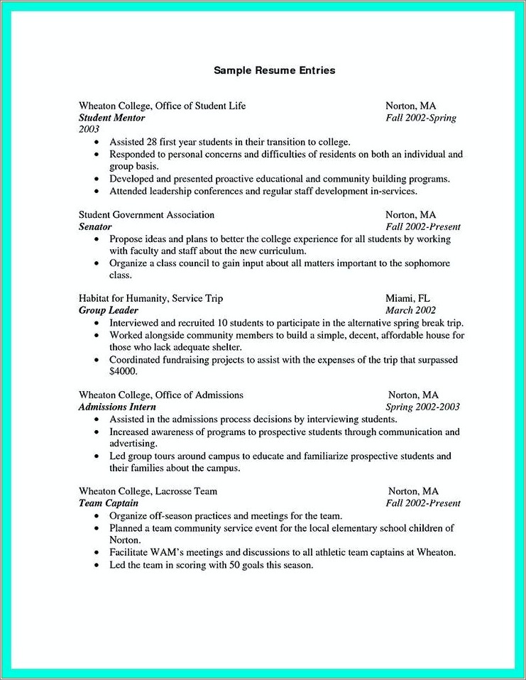 Student Government Listed On Resume For Graduate School