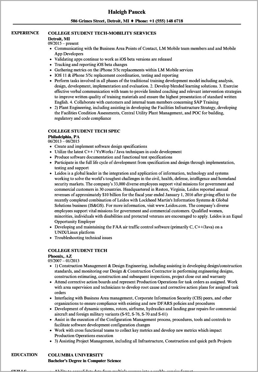 Student Information System Site Technician Sample Resume