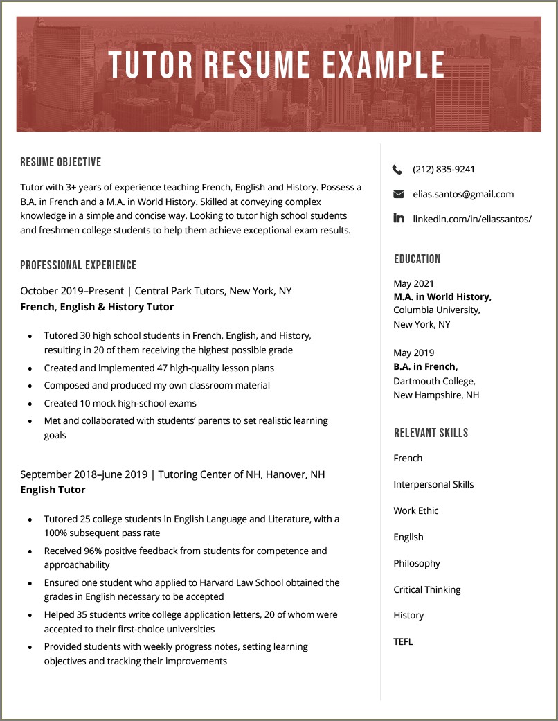 Student Math Tutor Job Description Resume