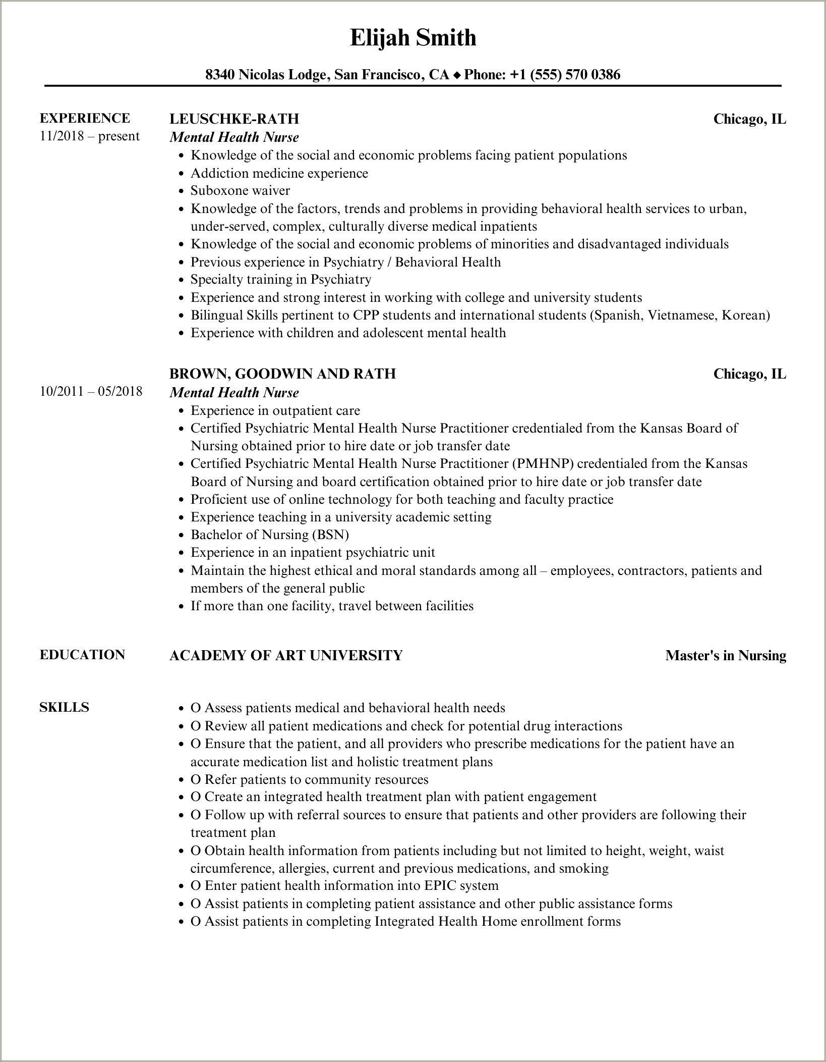 Student Nursing Mental Health Clinical Description Resume