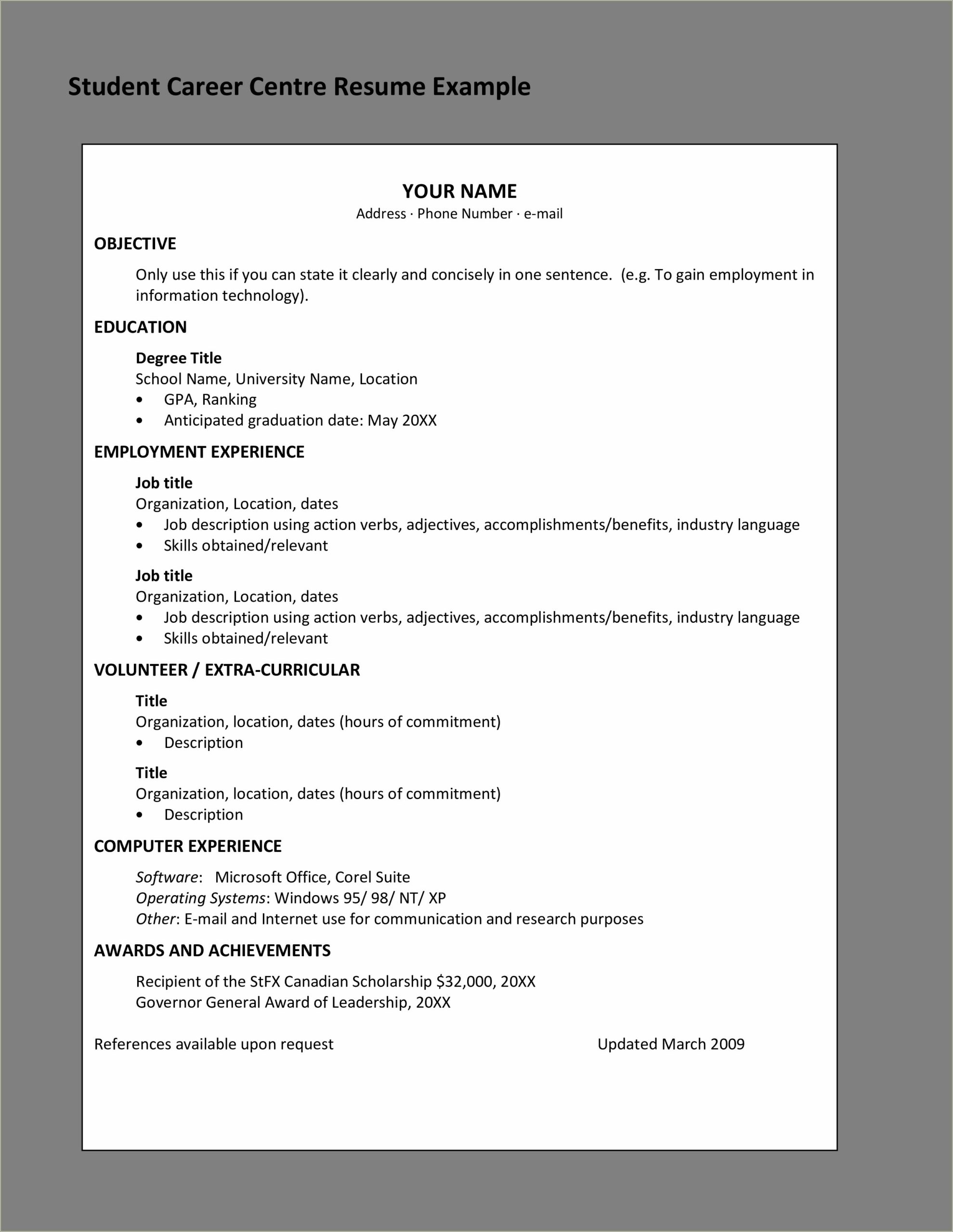 Student Or Job Title On Resume