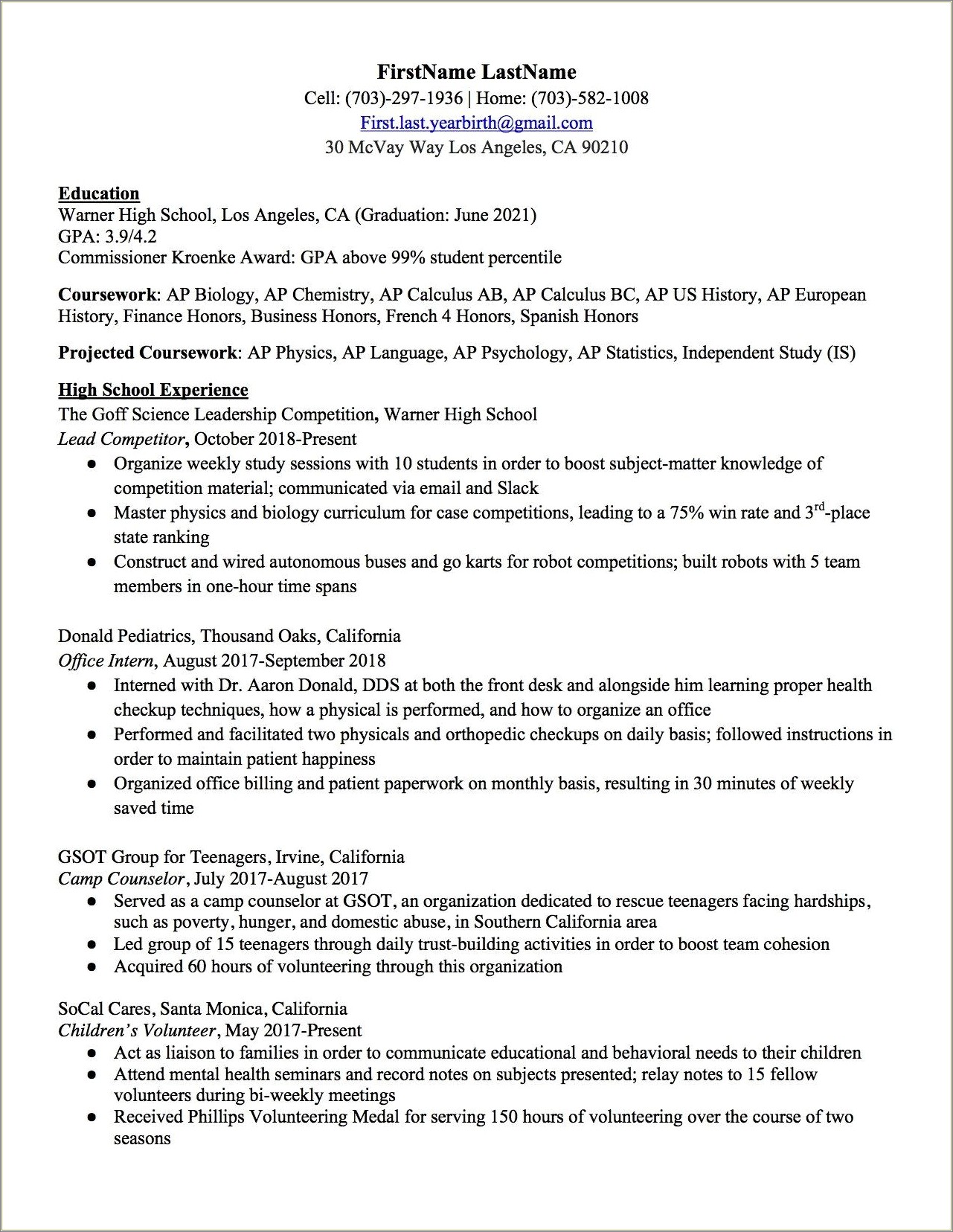 Student Resume For College Application Template