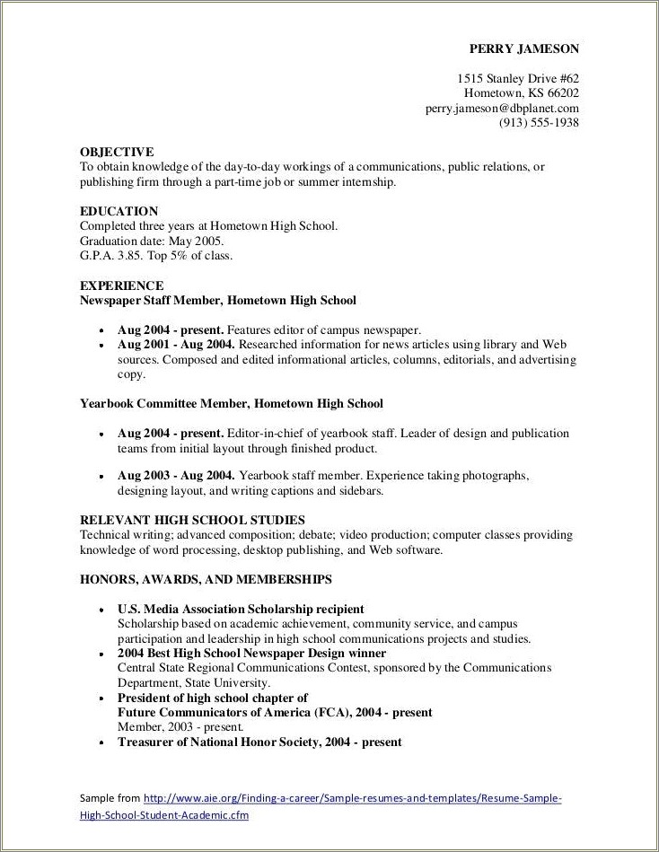 Student Resume Sample For Part Time Job