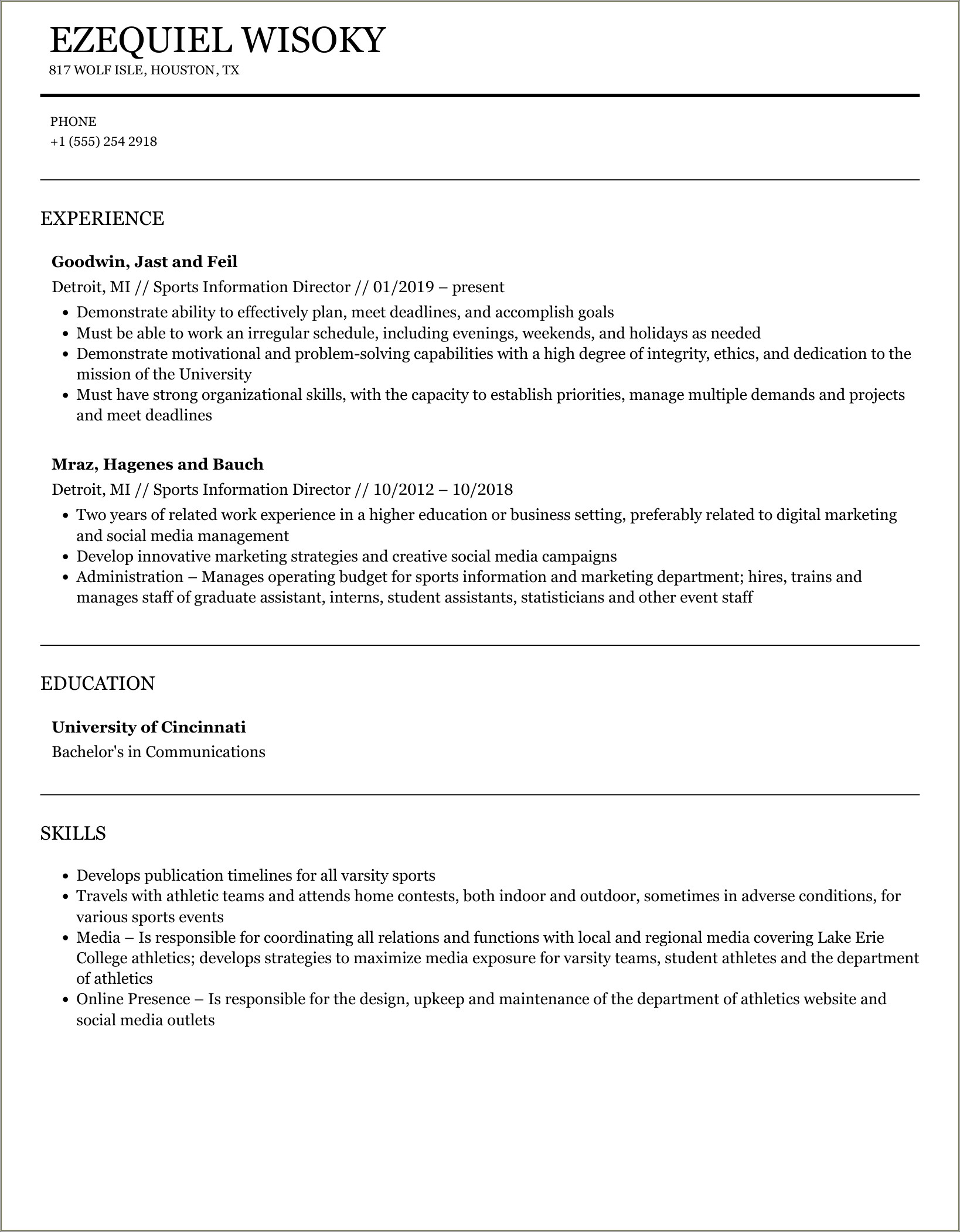 Student Sports Information Worker Resume Skills