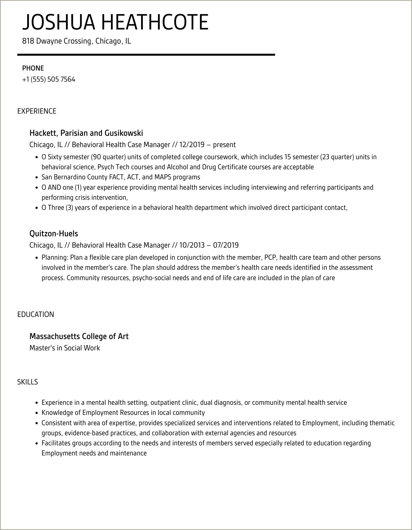 Substance Abuse Case Manager Resume Sample