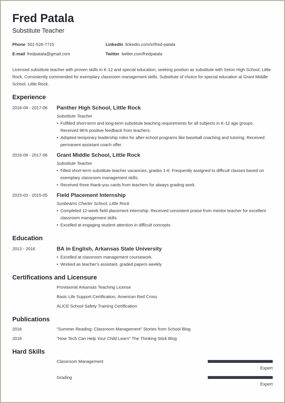 Substitute Teacher Job Experience On Resume