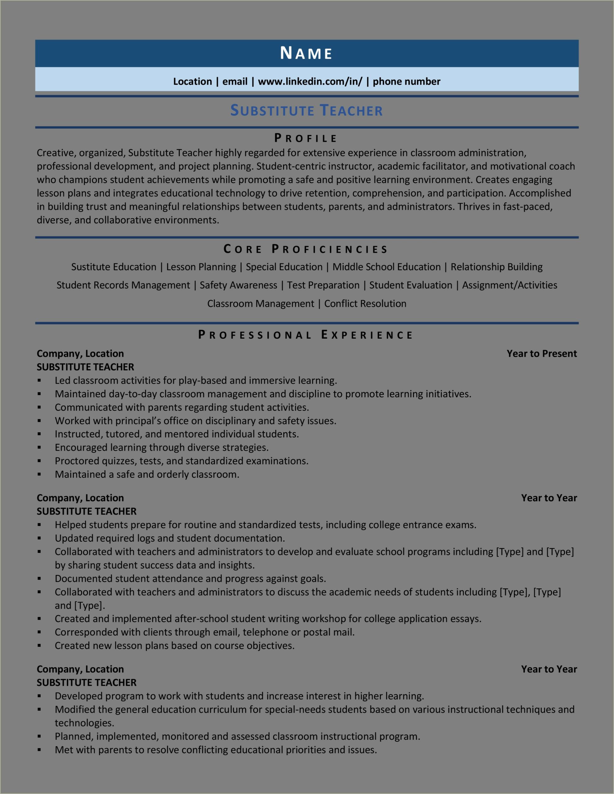 Substitute Teacher Resume No Teaching Experience