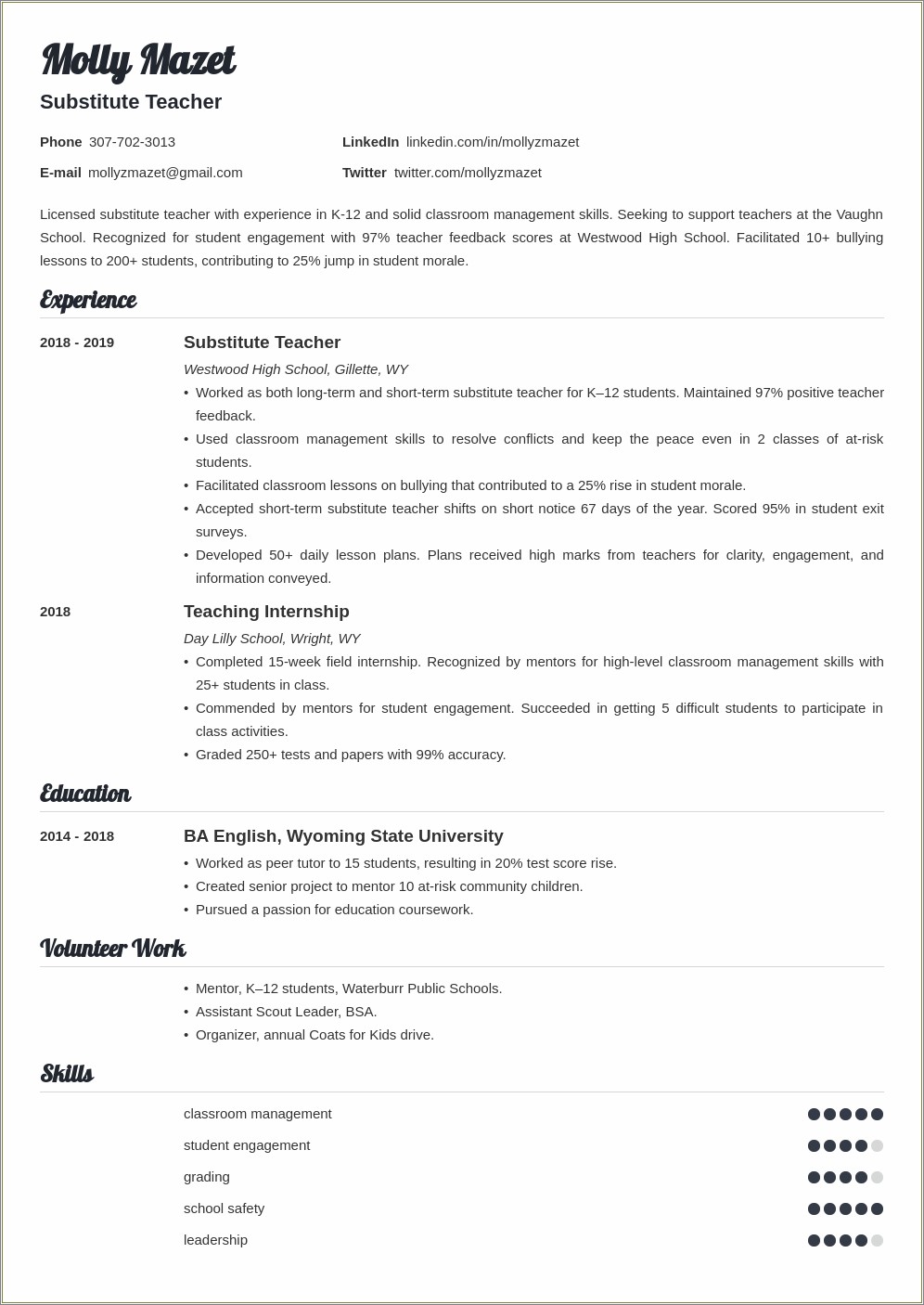 Substitute Teaching Classroom Management Experience On Resume