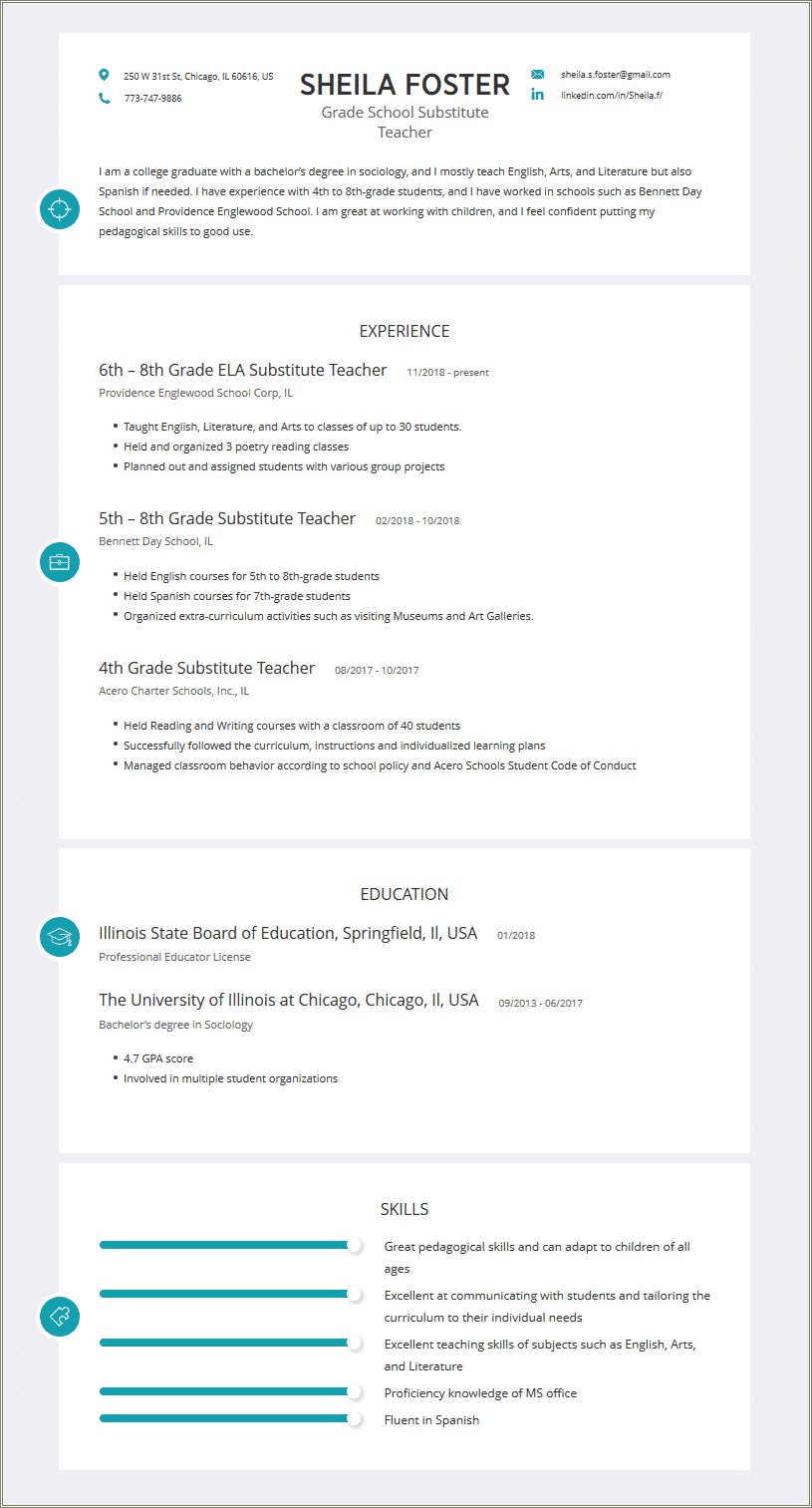 Substiute Teacher Multipe School Districts Resume