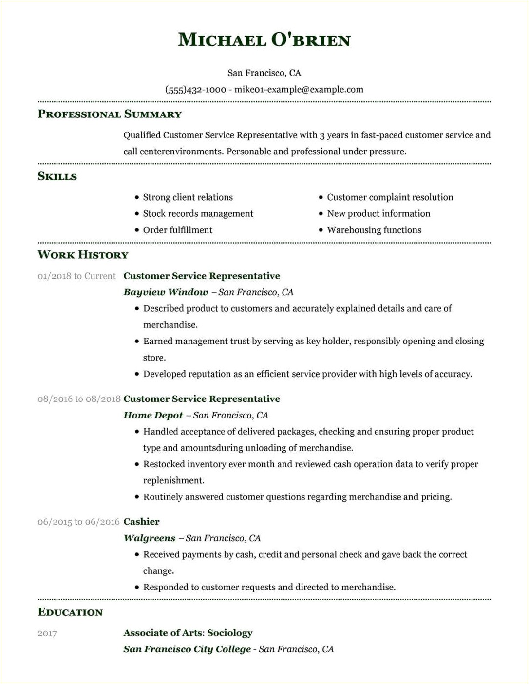 Summary Example For Customer Service Resume