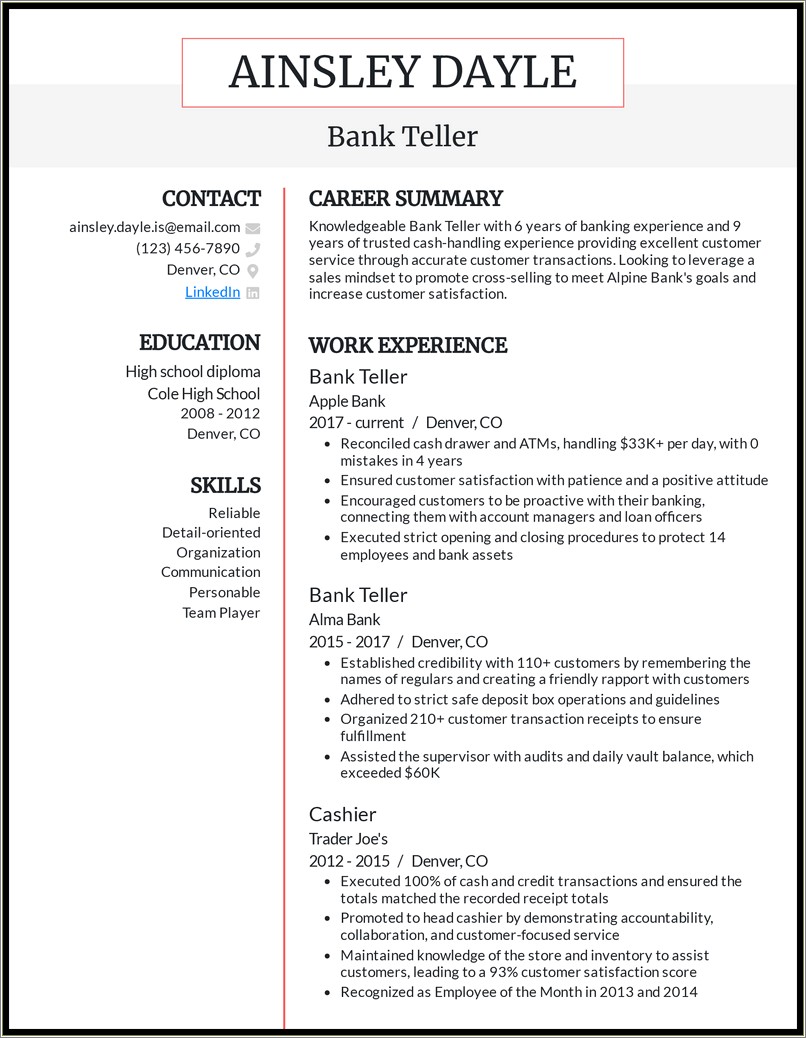 Summary For A Resume For Teller