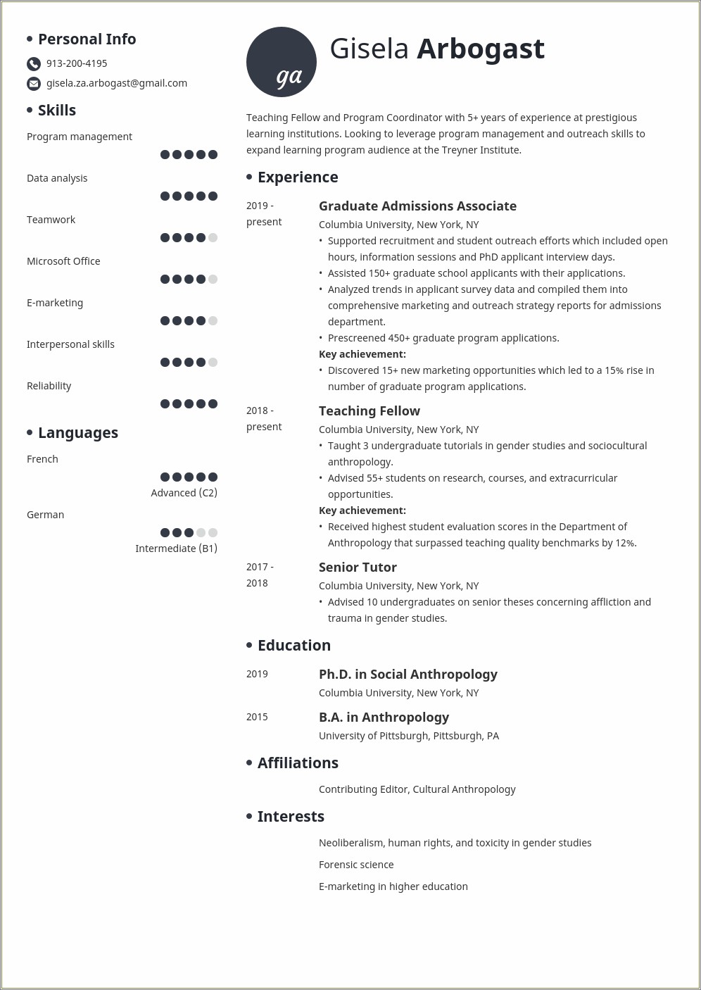 Summary For A Resume Of Phd