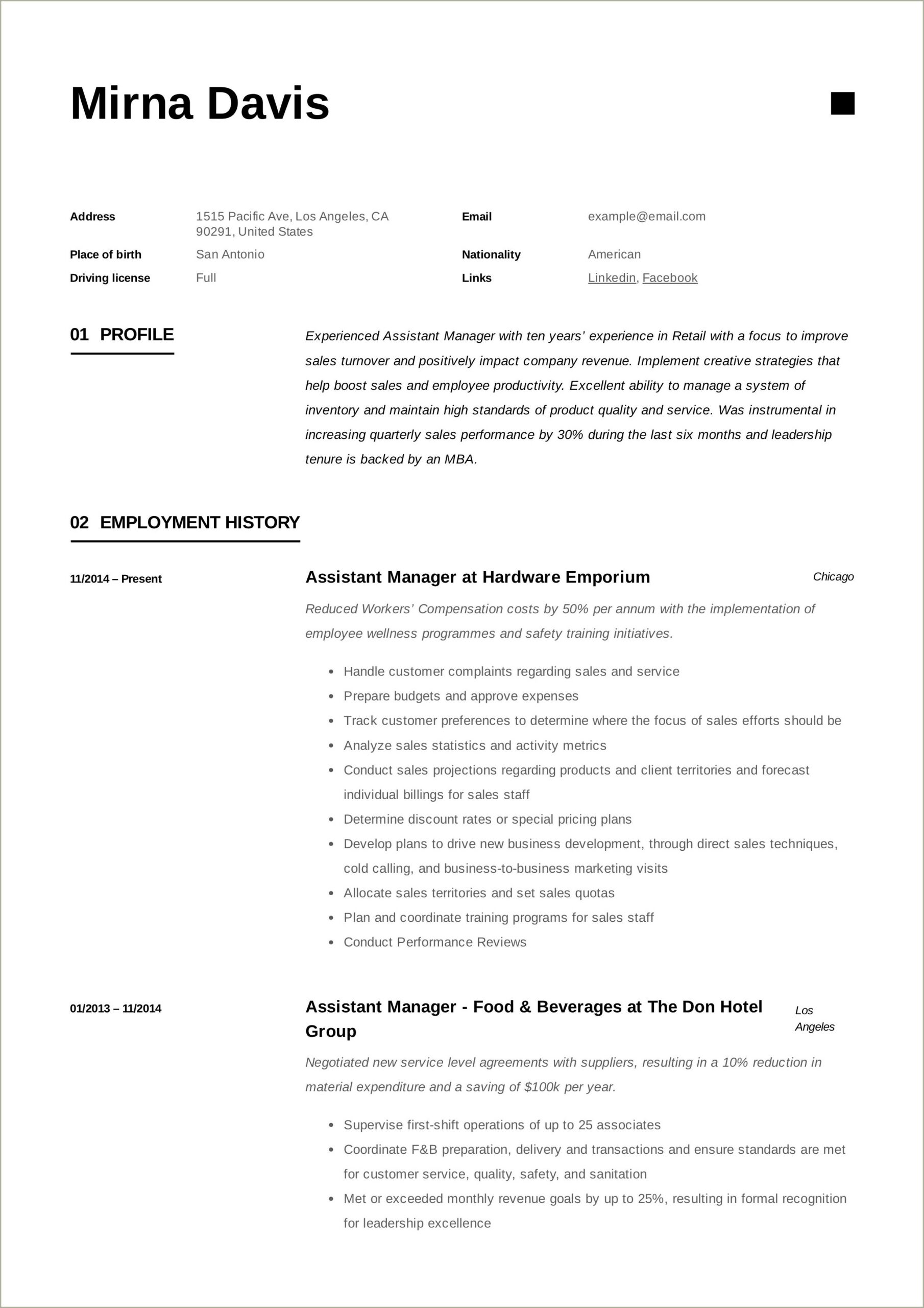 Summary For An Assistant Manager Resume