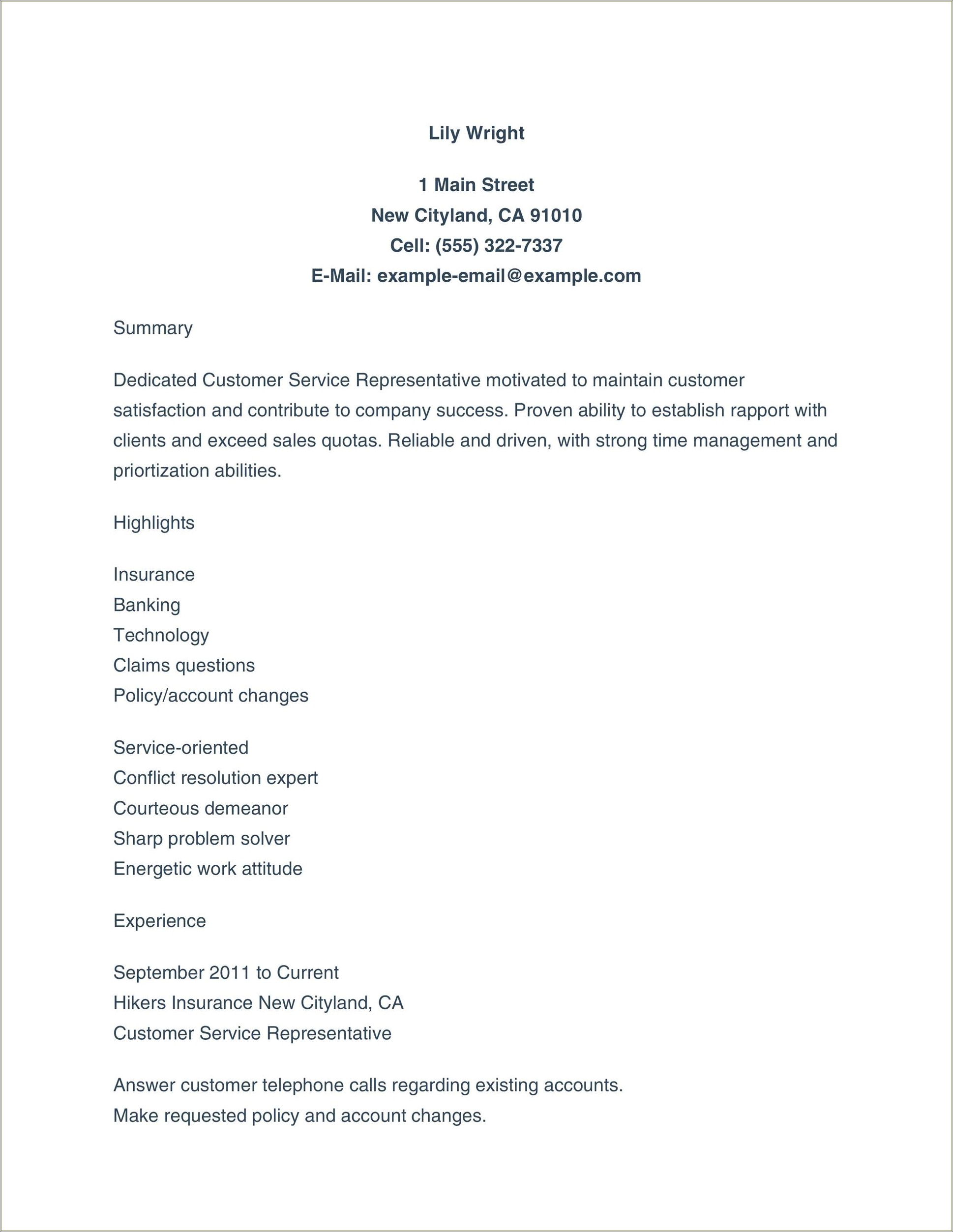 Summary For Customer Service Resume Examples