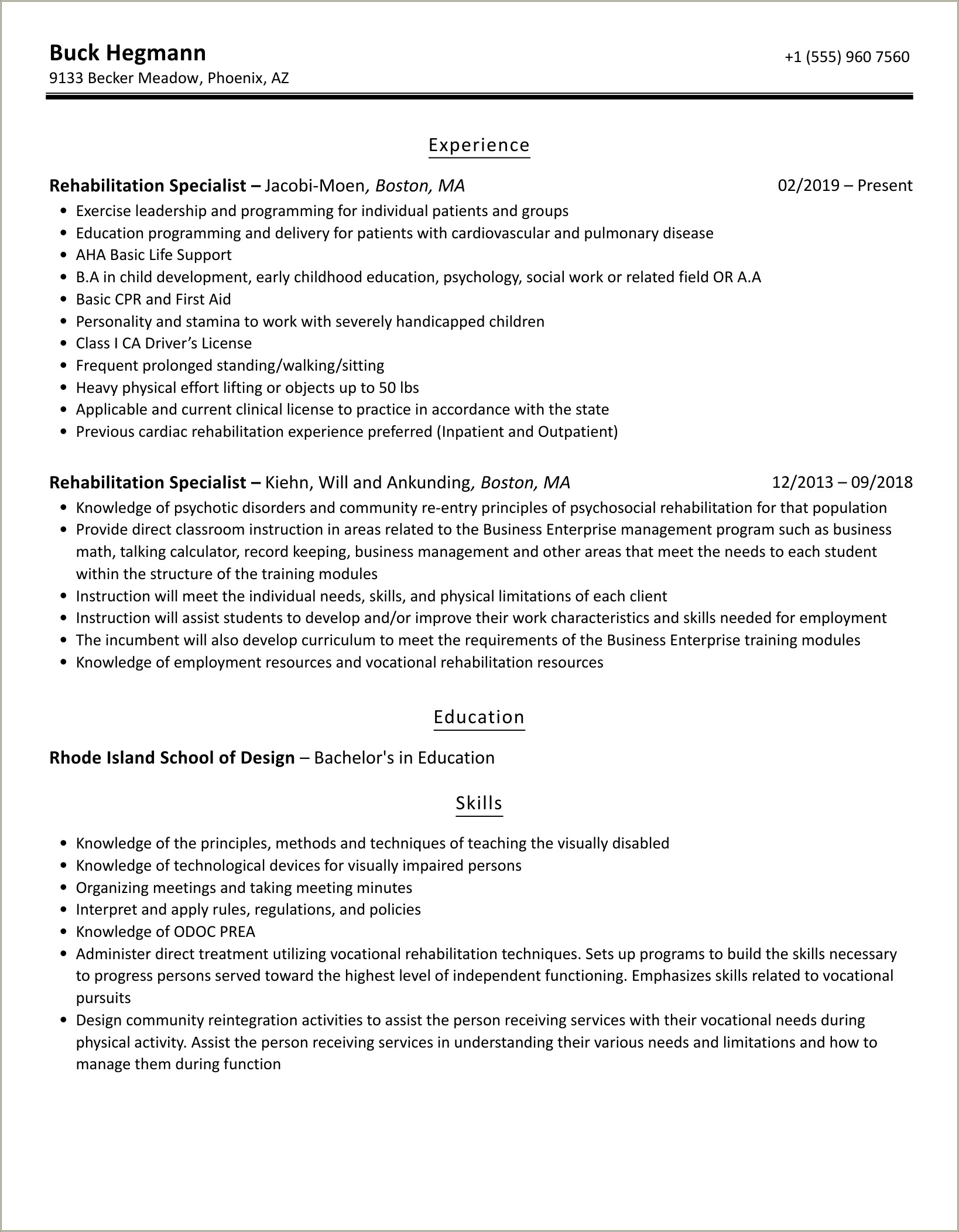 Summary For Home Rehabilitation Specialists Resume