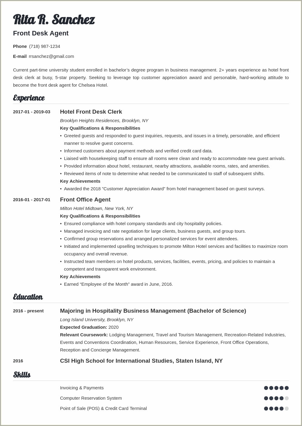 Summary For Hotel Guest Services Supervisor On Resume