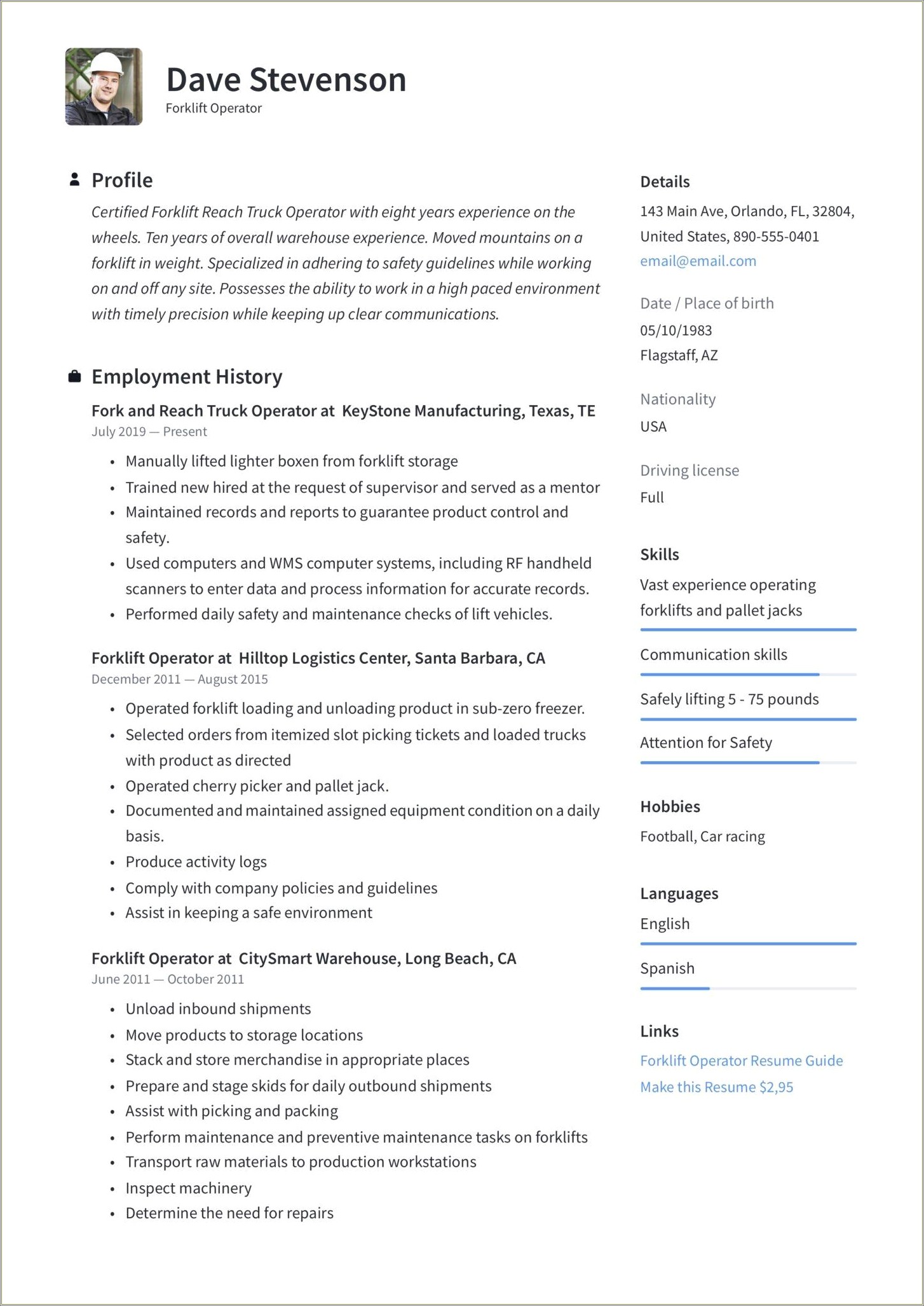 Summary For Light Industrial And Forklify Driving Resume