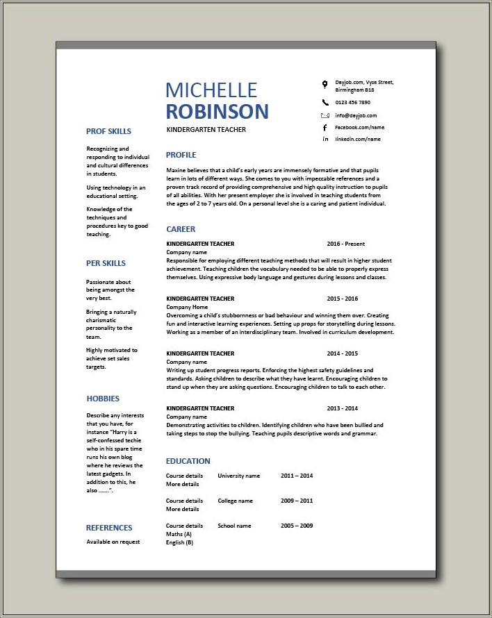 Summary For Preschool Teacher On Resume