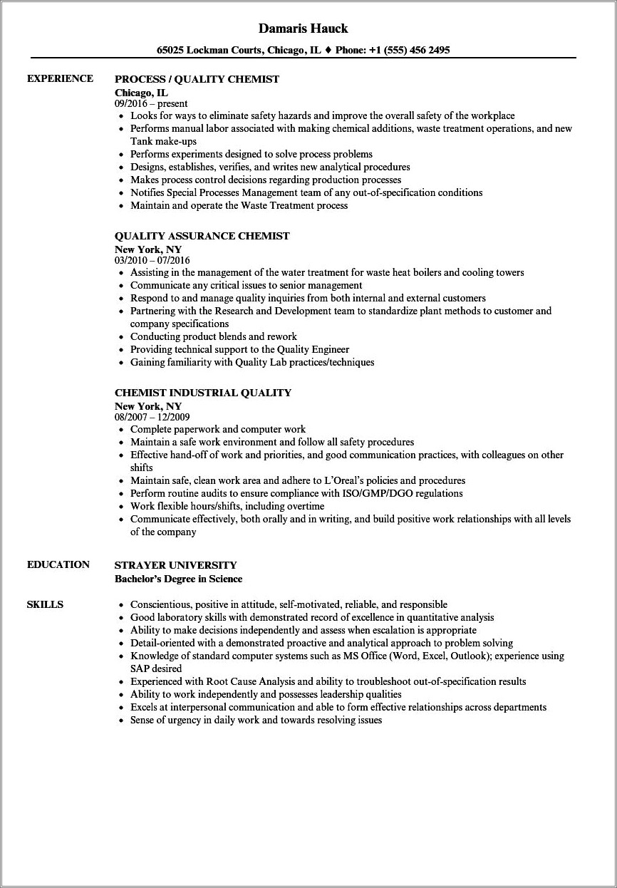 Summary For Quality Control Chemist Resume