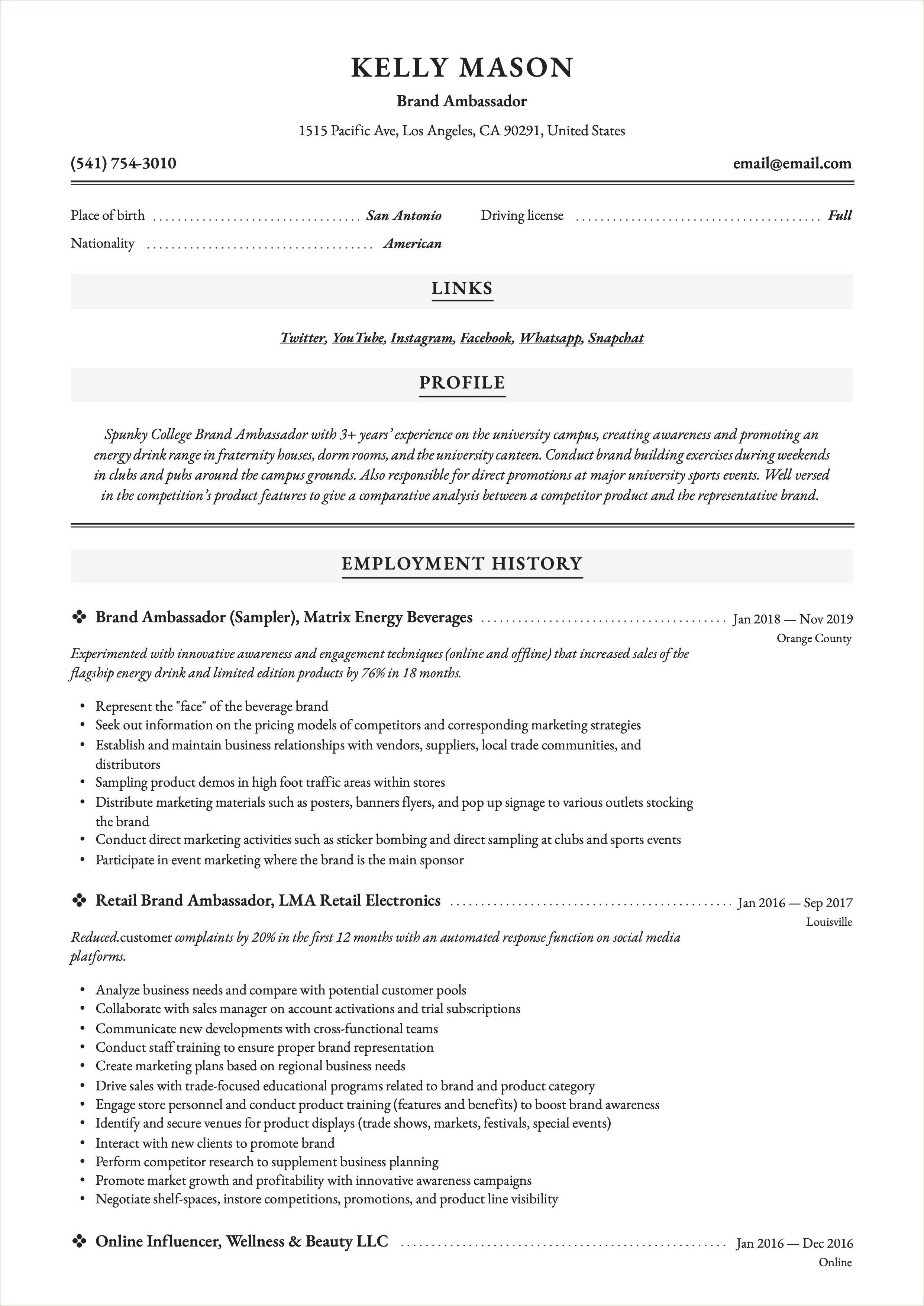 Summary For Resume For Brand Ambassador