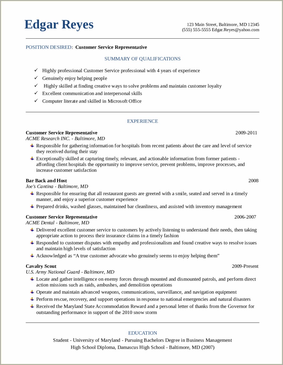 Summary For Resume For Customer Service Representative