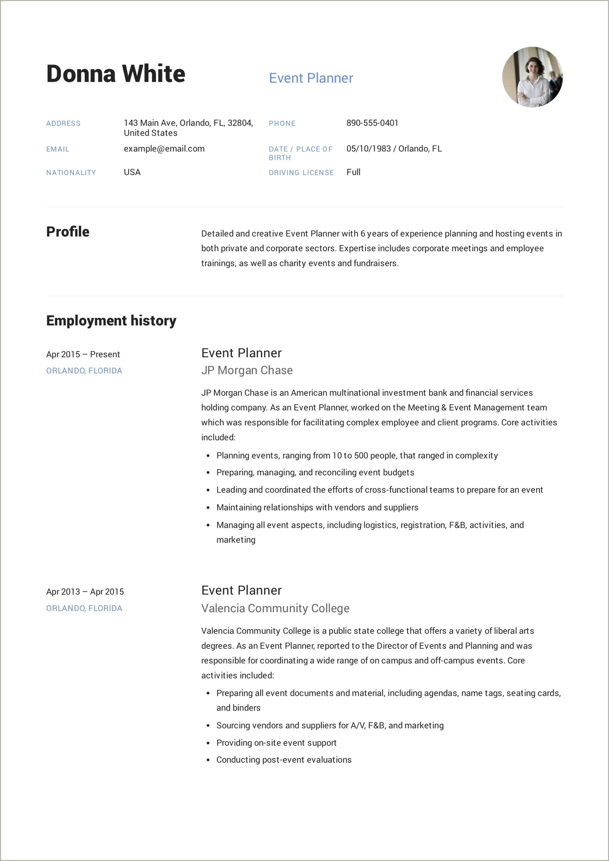 Summary For Resume For Event Planner