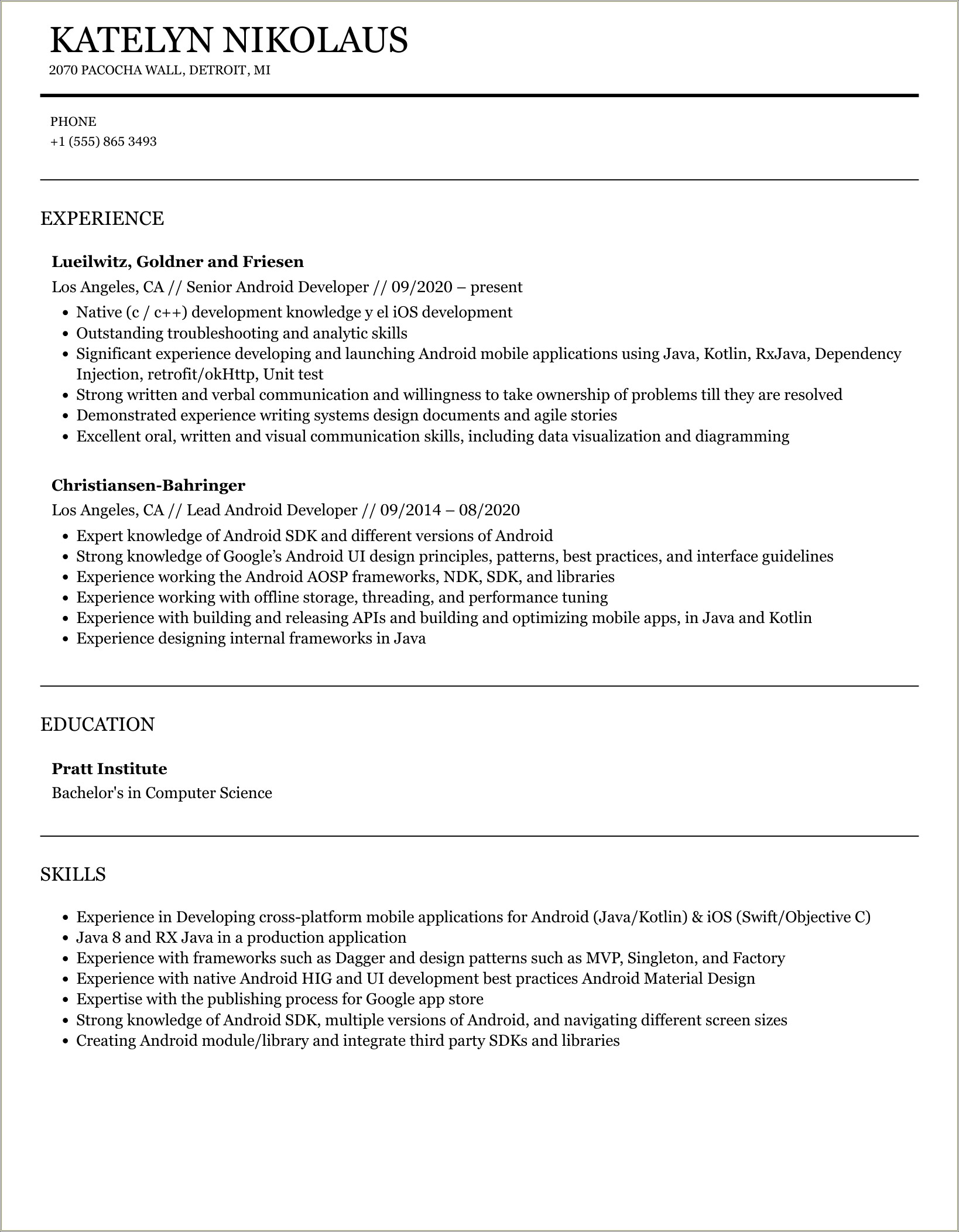 Summary For Resume For Experienced Android Developer