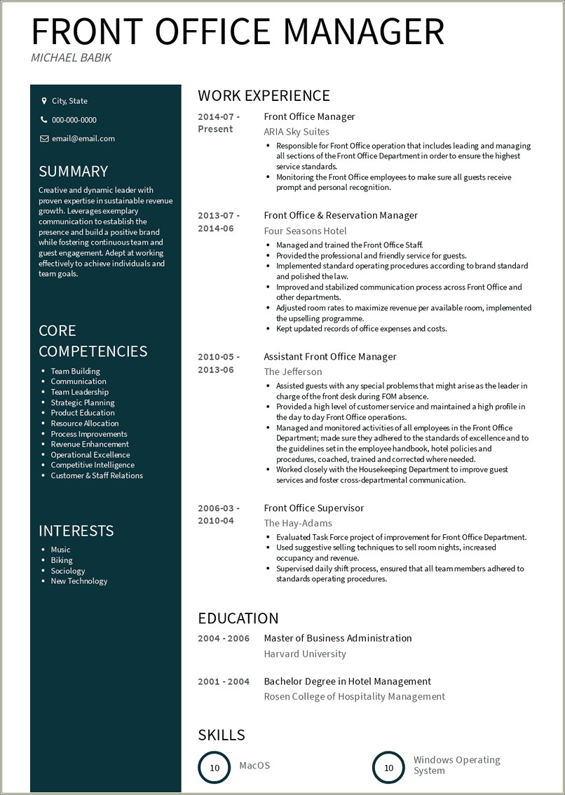 Summary For Resume For Front Desk