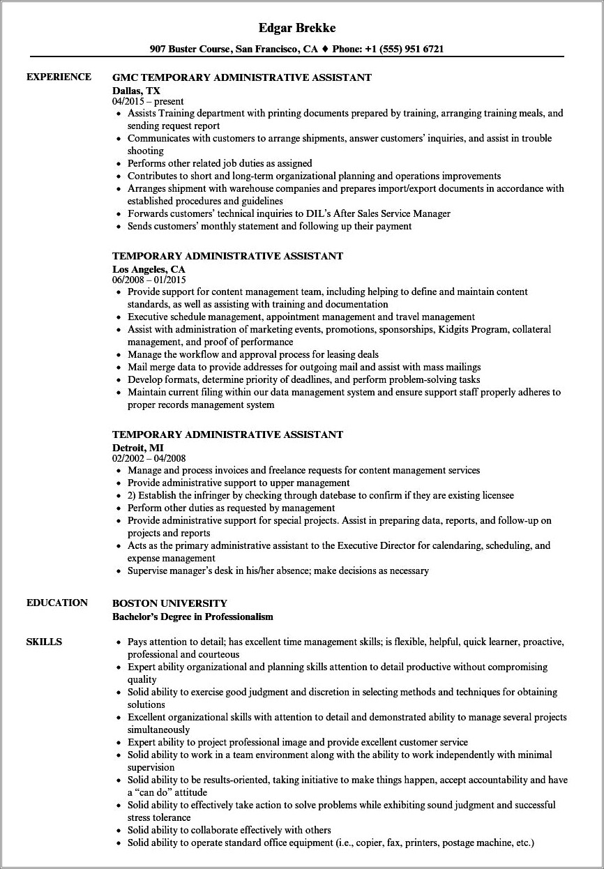 Summary For Resume For Temporary Work