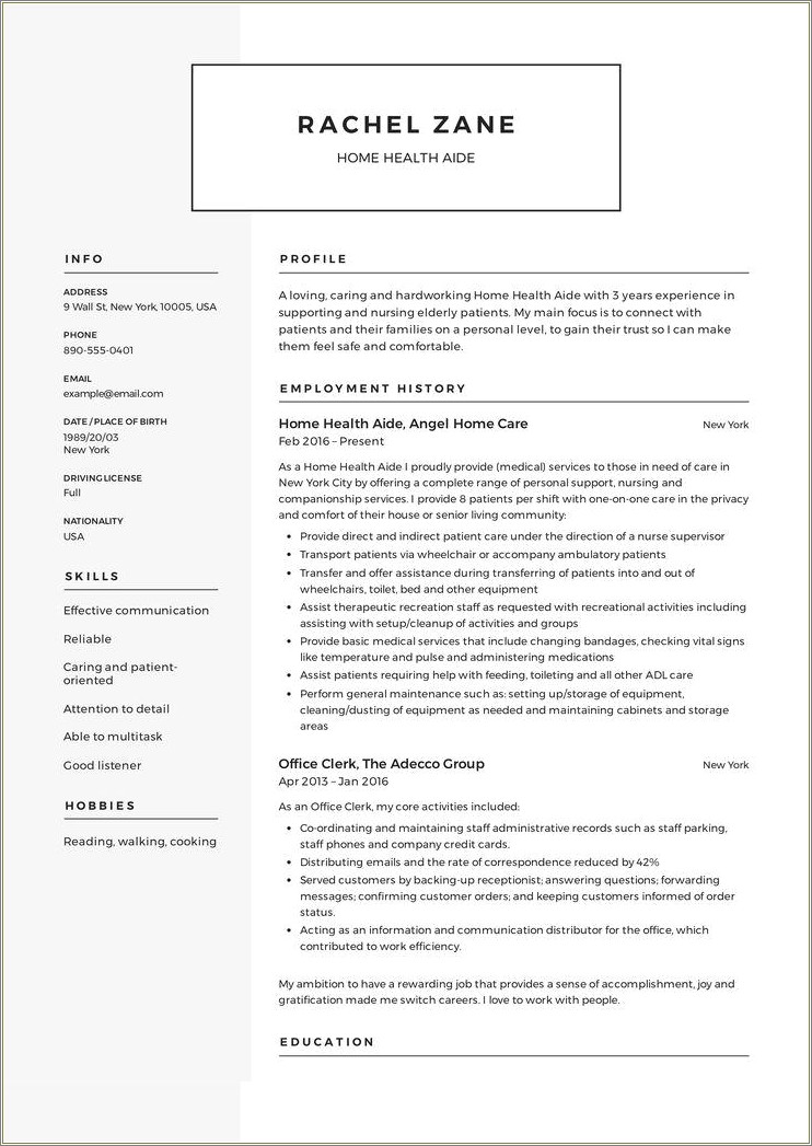 Summary For Resume Home Health Aide