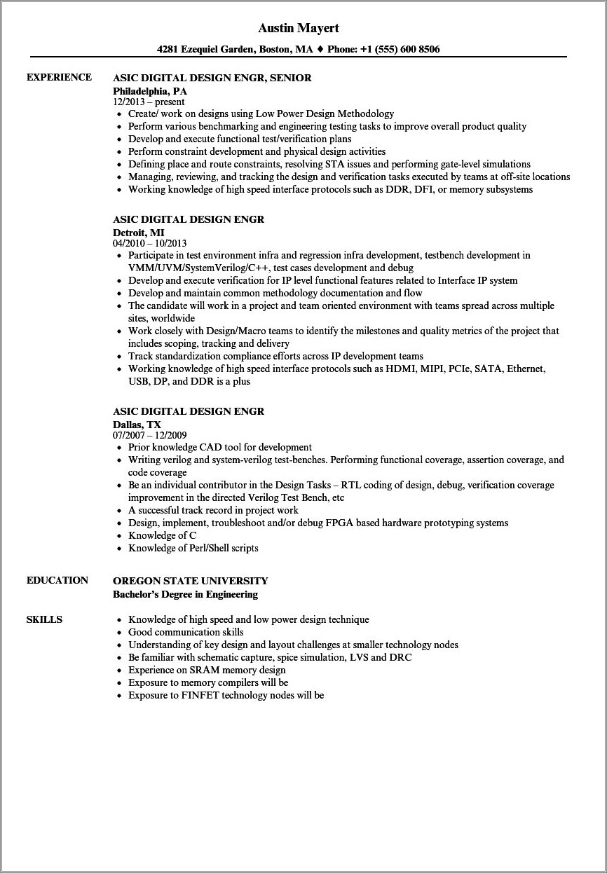 Summary For Resume In Asic Fpga