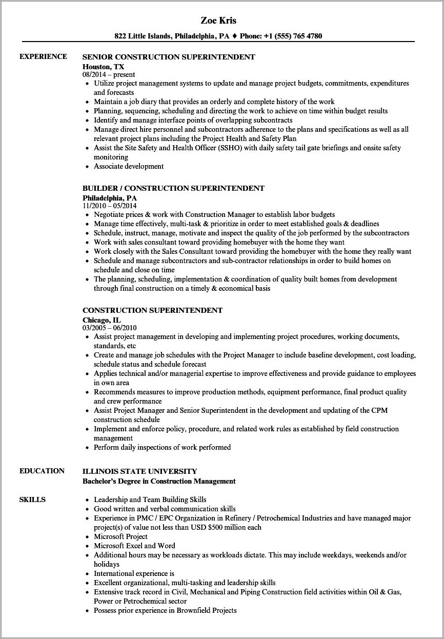 Summary For Resume Looking For Construction Superintendant