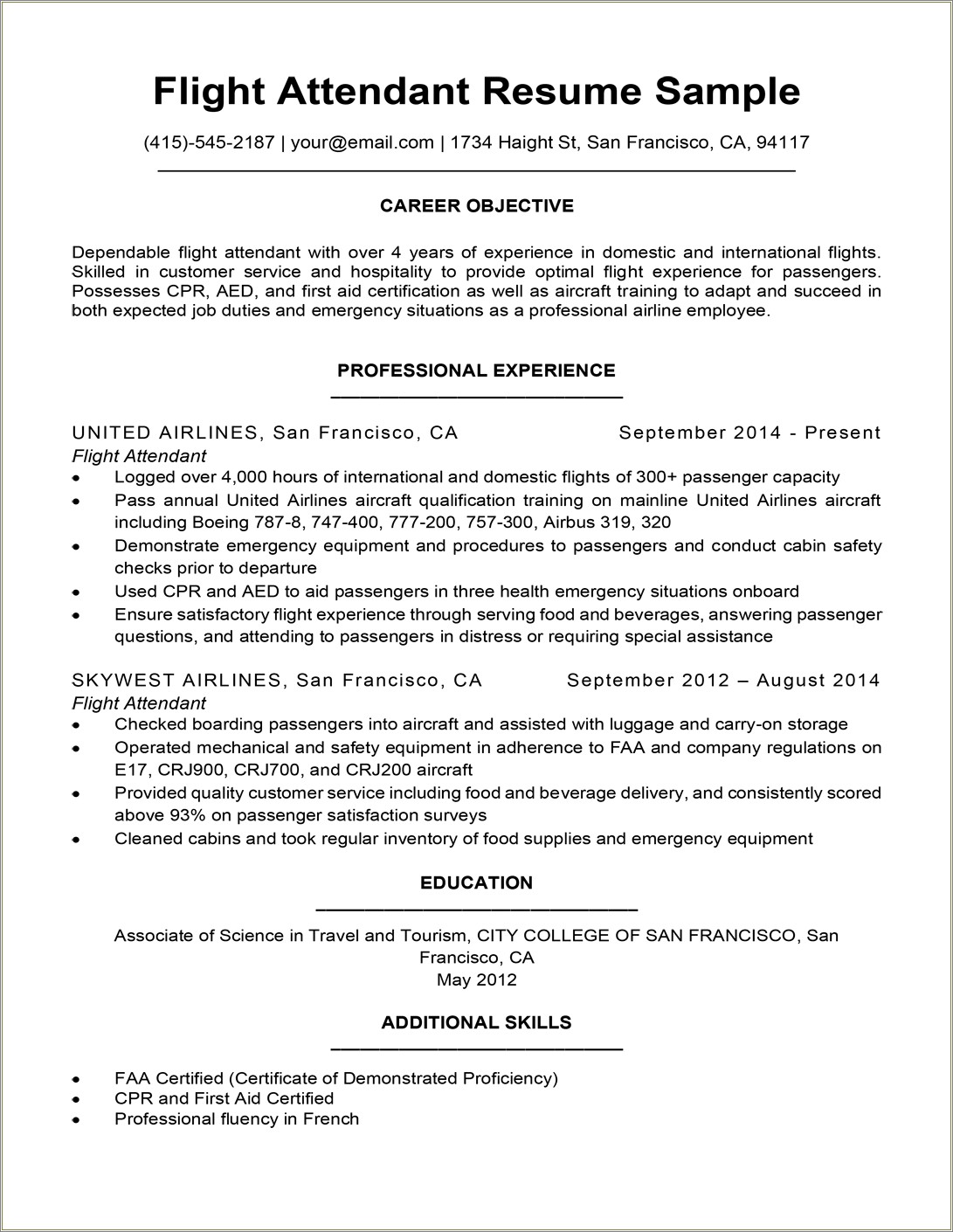 Summary For Resume Of Flight Attendant