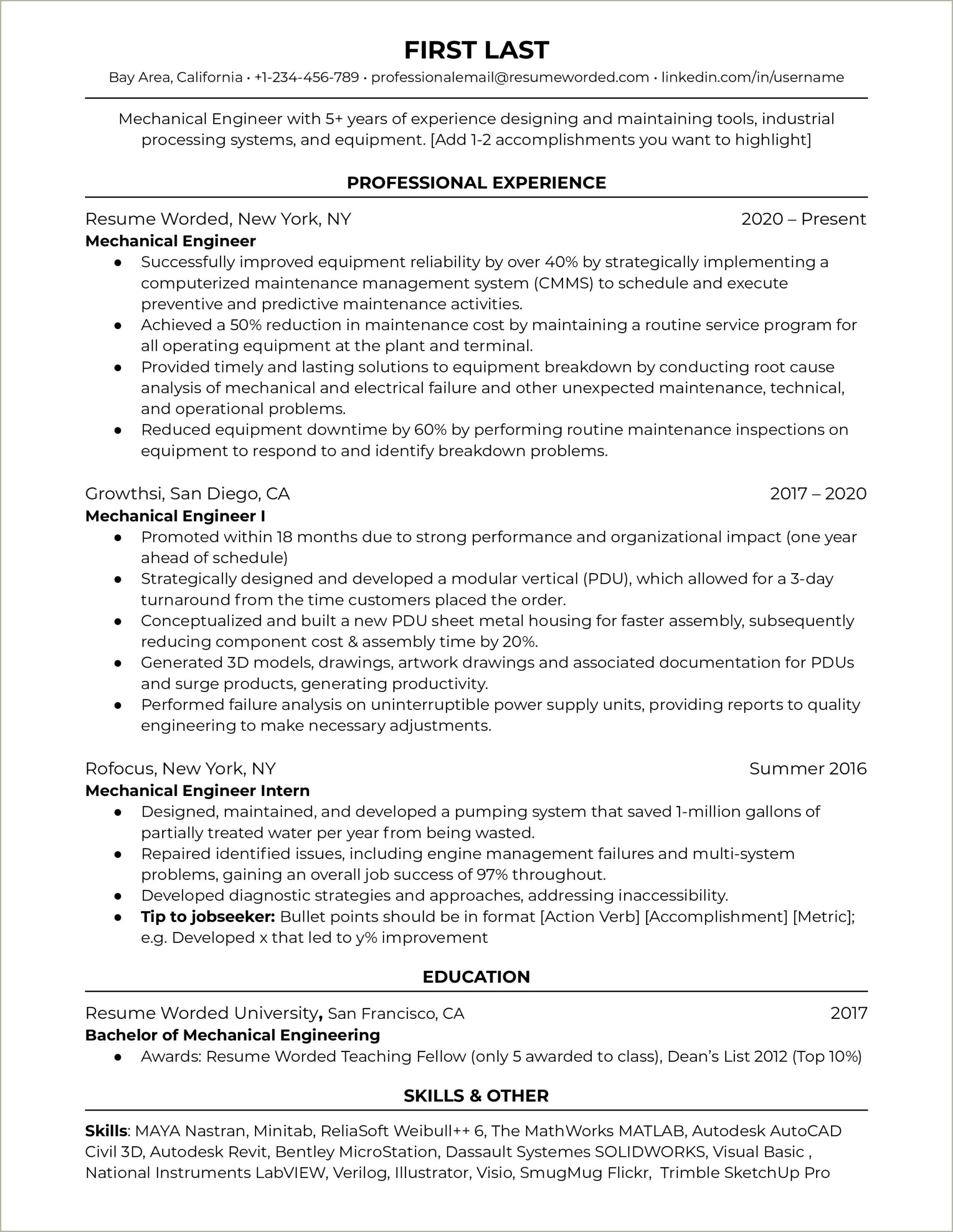 Summary For Resume Of Mechanical Engineer