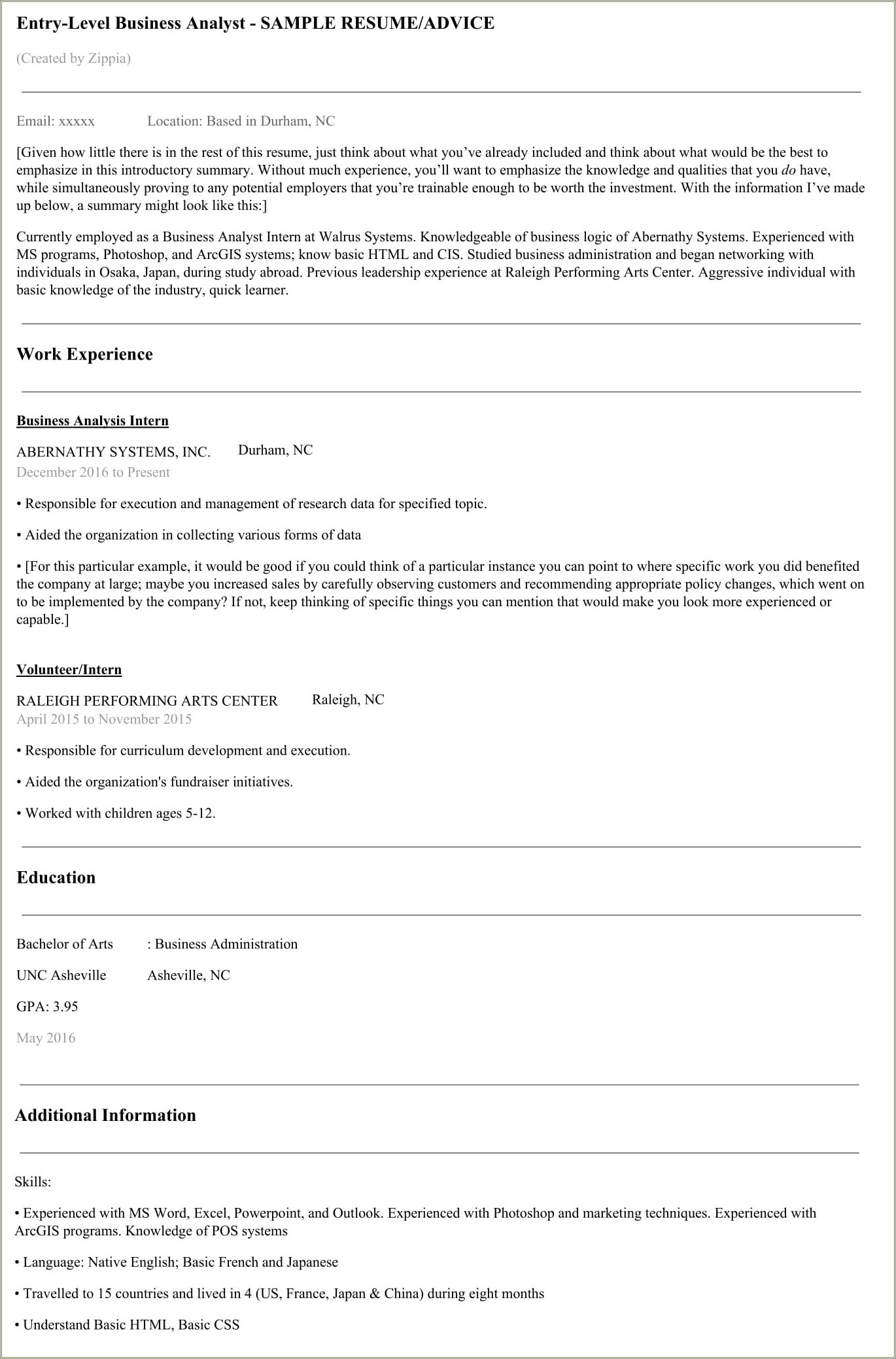 Summary Of A Business Analyst Intern In Resume