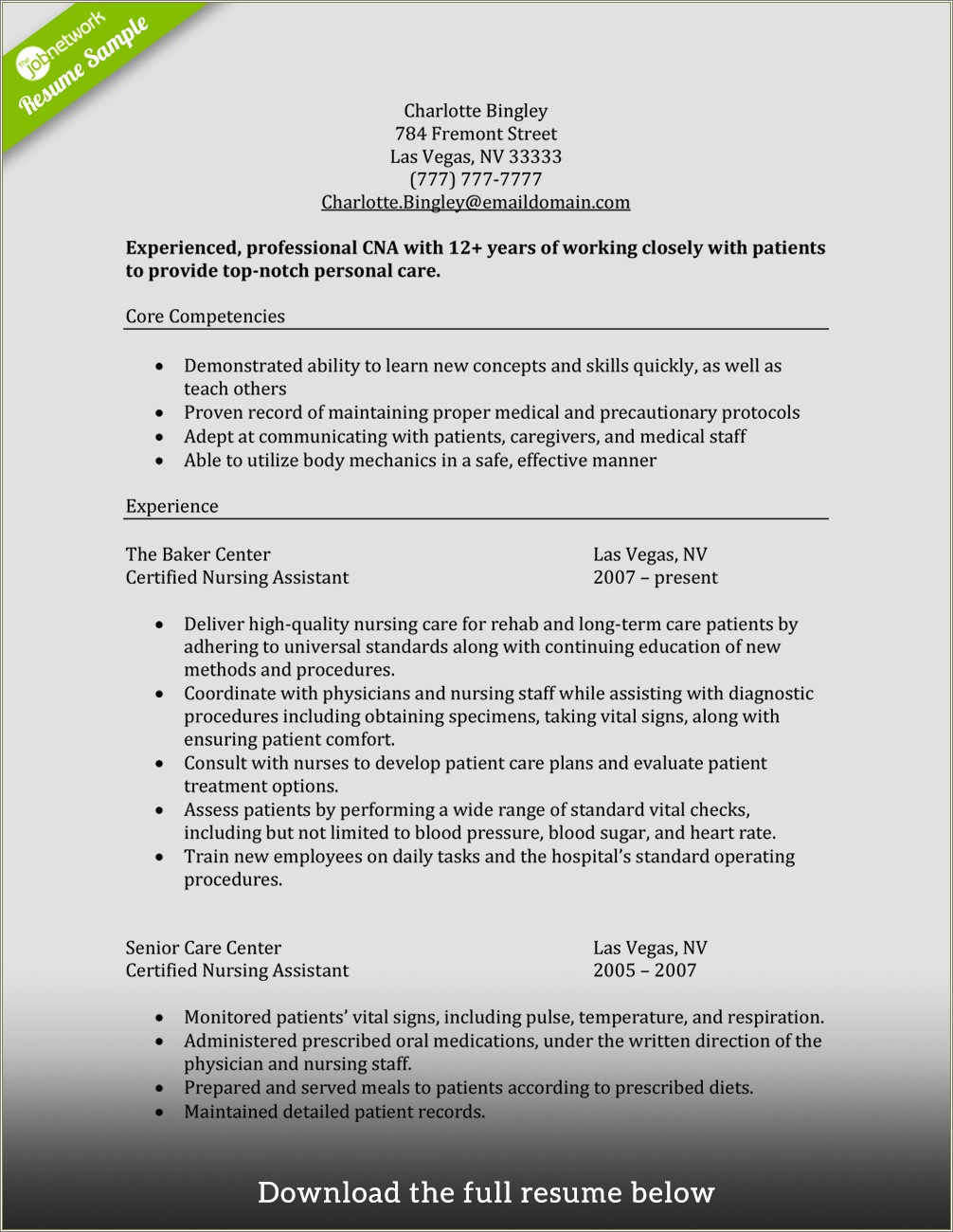 Summary Of A Cna For Resume