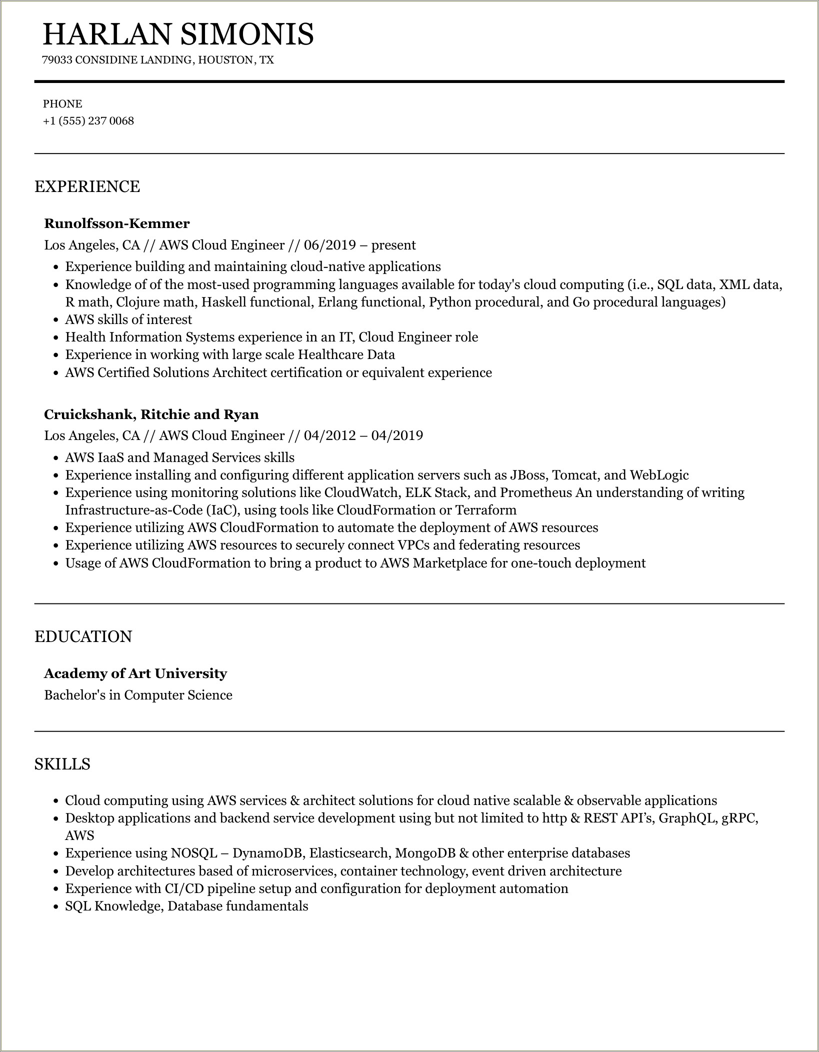 Summary Of Aws Cloud Engineer Resume