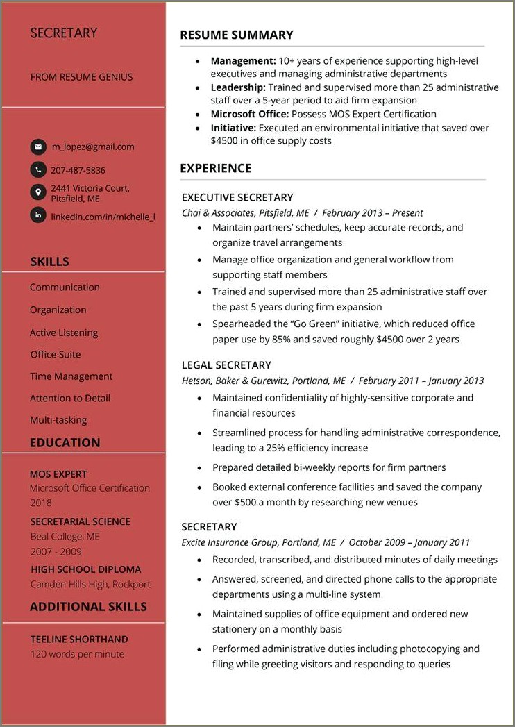 Summary Of Office Secretary For Resume