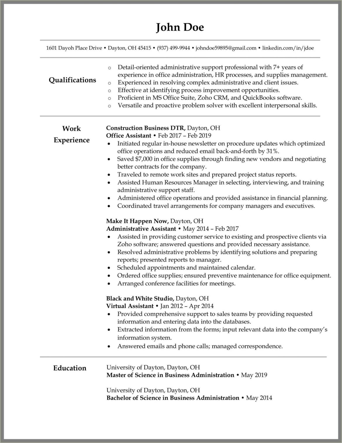 Summary Of Qualifications Resume For Administrative Assistant