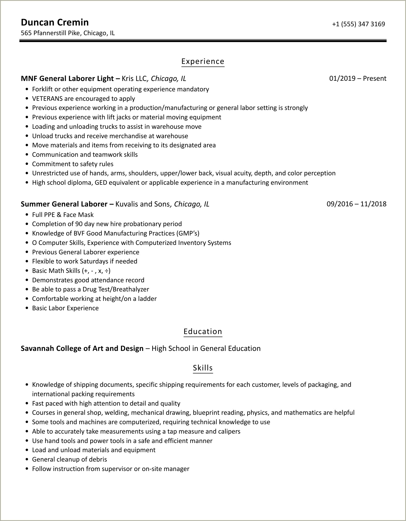 Summary Of Qualifications Resume For Laborer