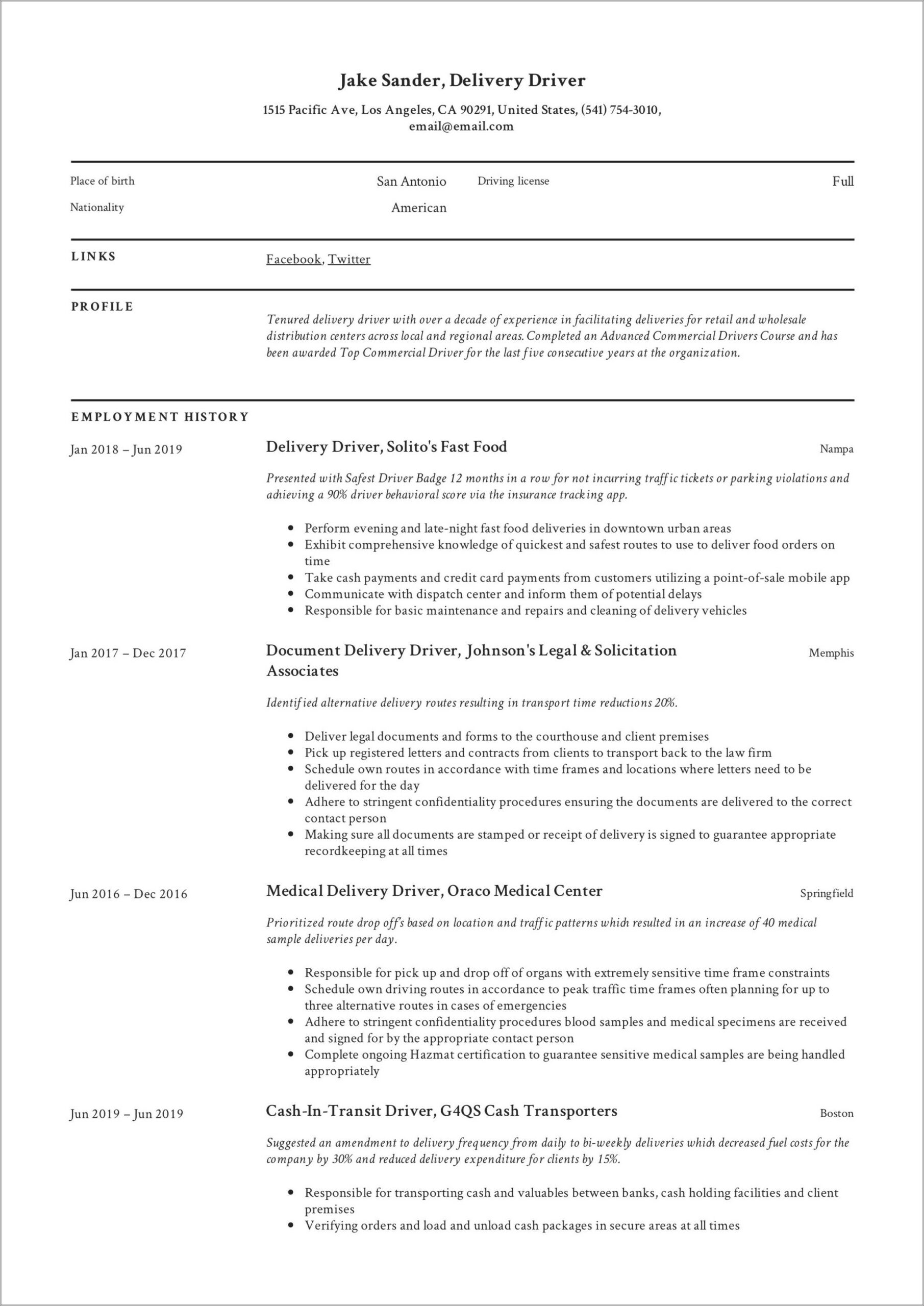 Summary Of Resume For A Driver