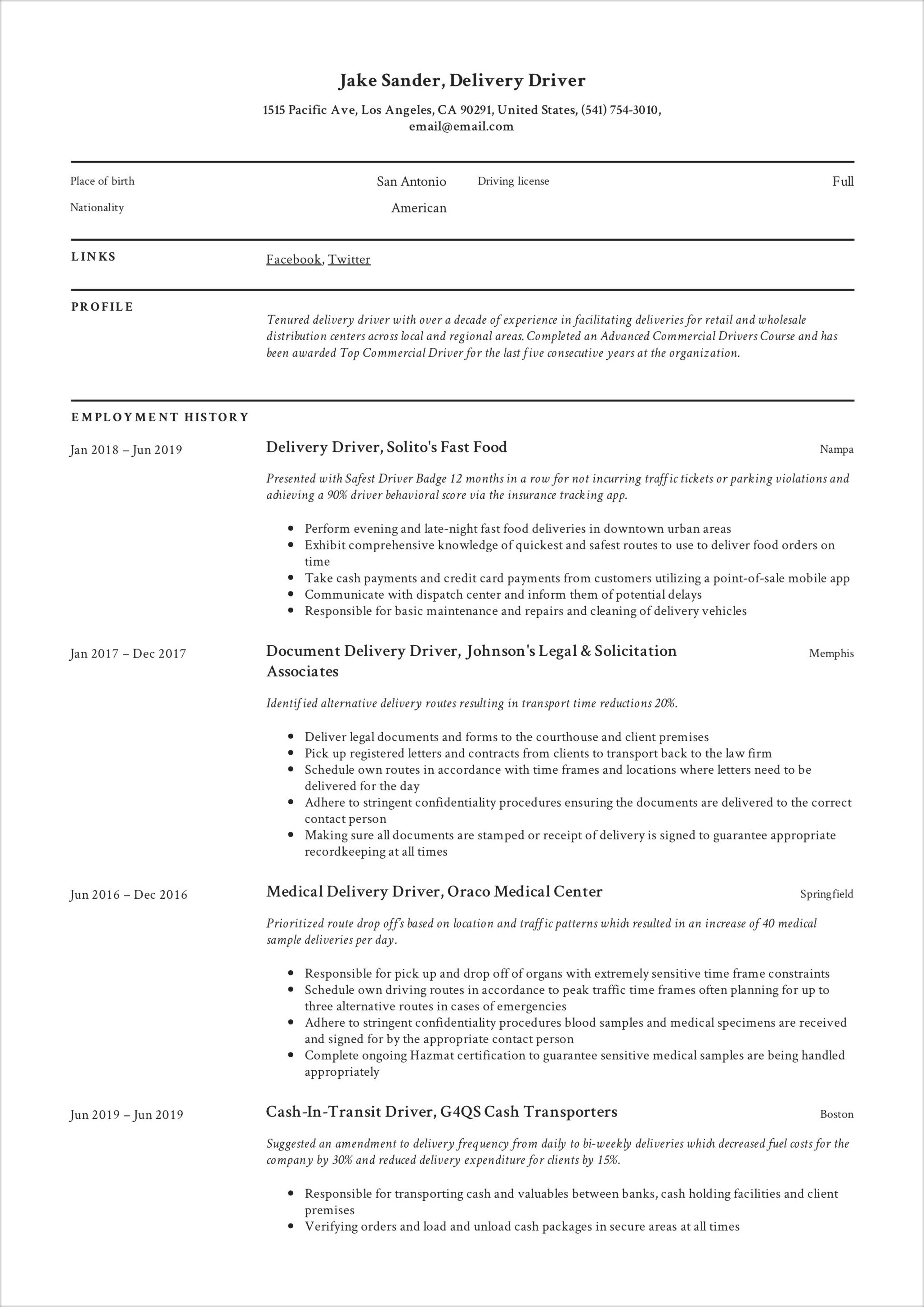 Summary Of Resume For A Driver