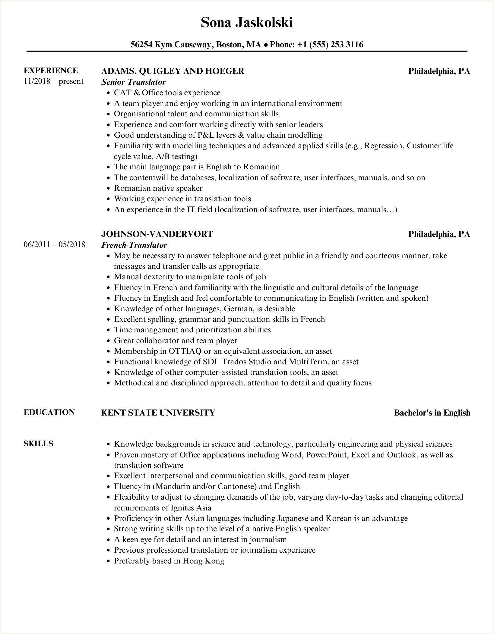 Summary Of Resume For Entry Level Interpreter